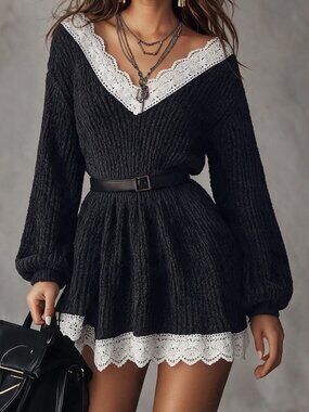 Black Casual Women's Contrast Lace Belted Rib-Knit Sweater